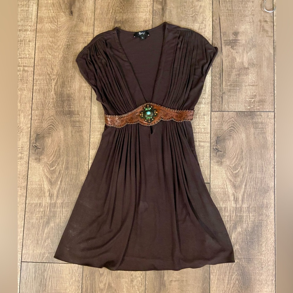 Sky Chocolate Brown and leather dress. Turquoise embellishments